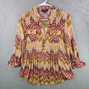 Cocomo Womens Small‎ Orange Yellow Chevron 3/4 Roll Tab Sleeve Button Up Blouse